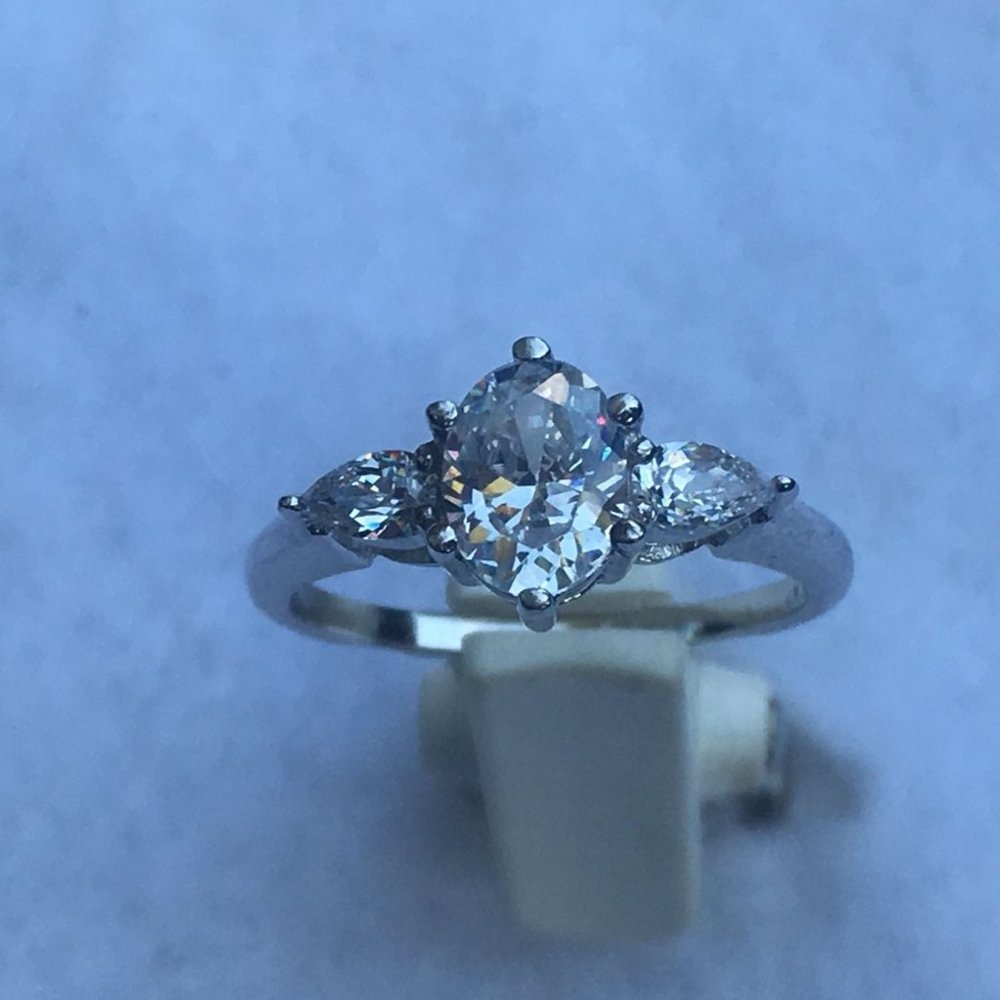 Silver Oval Solitaire With Teardrop Accents Cubic Zirconia Ring, Size 8 3/4